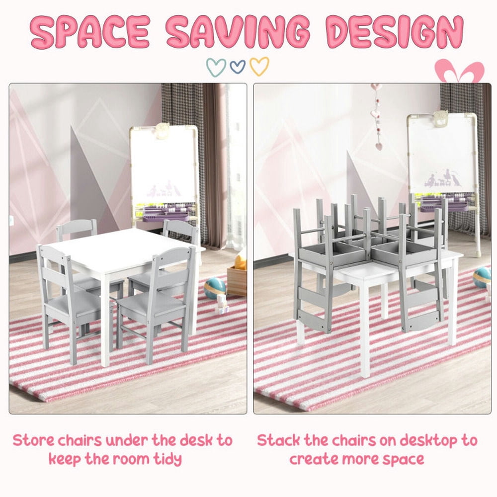 Canddidliike Kids 5 Pieces Table and Chair Set Wooden Children Activity Playroom Furniture Gift-White, Kids Table for Arts & Crafts, Snack Time, Homeschooling, Homework