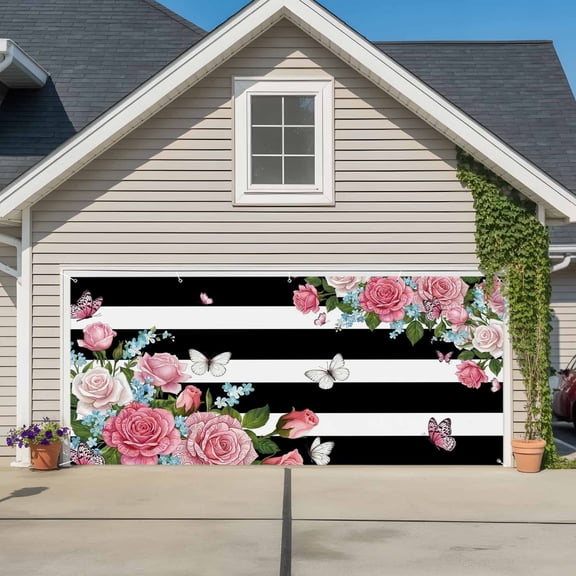 Pink Flowers Garage Door Cover Banner 7 x 8 FT,Spring Floral Butterflies Black White Striped Farmhouse Garage Door Curtains Backdrop with Grommets for Indoor Outdoor Wall Party Porch Yard Decor