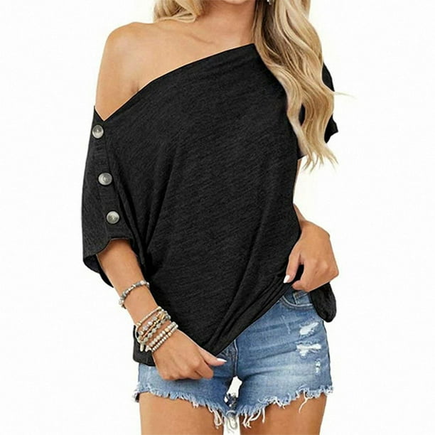 Camiseta de un solo hombro para mujer, blusa informal de moda con botones decorados en color puro para el trabajo, citas, color negro, talla 2XL
