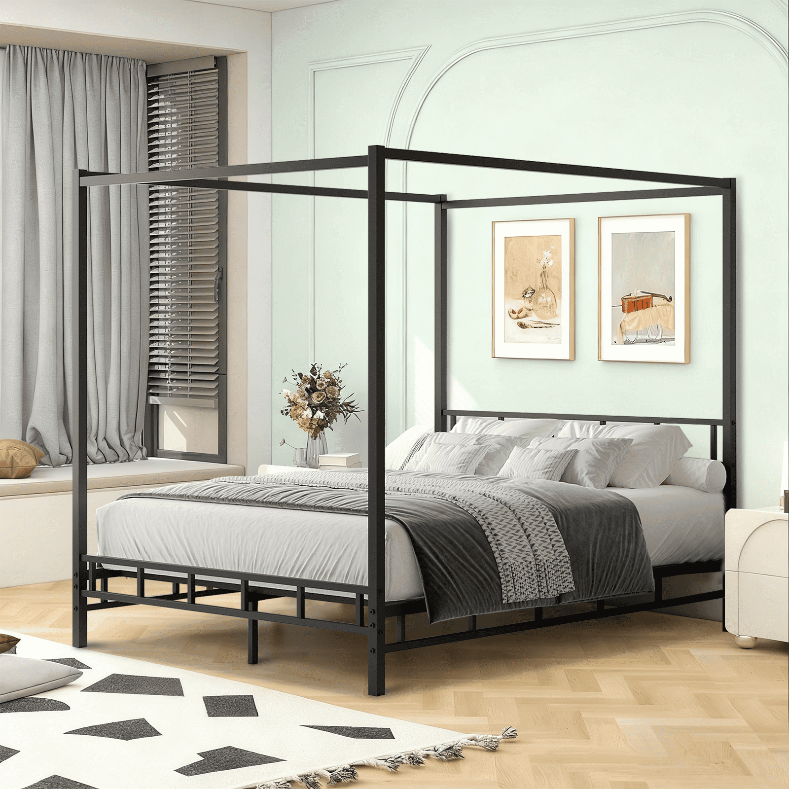 4 EVER WINNER Queen Size Detachable Metal Canopy Bed Frame, Modern Black Platform Bed with Noise-Free Slat Support, No Box Spring Needed, Underbed Storage, Tool-Free Quick Assembly