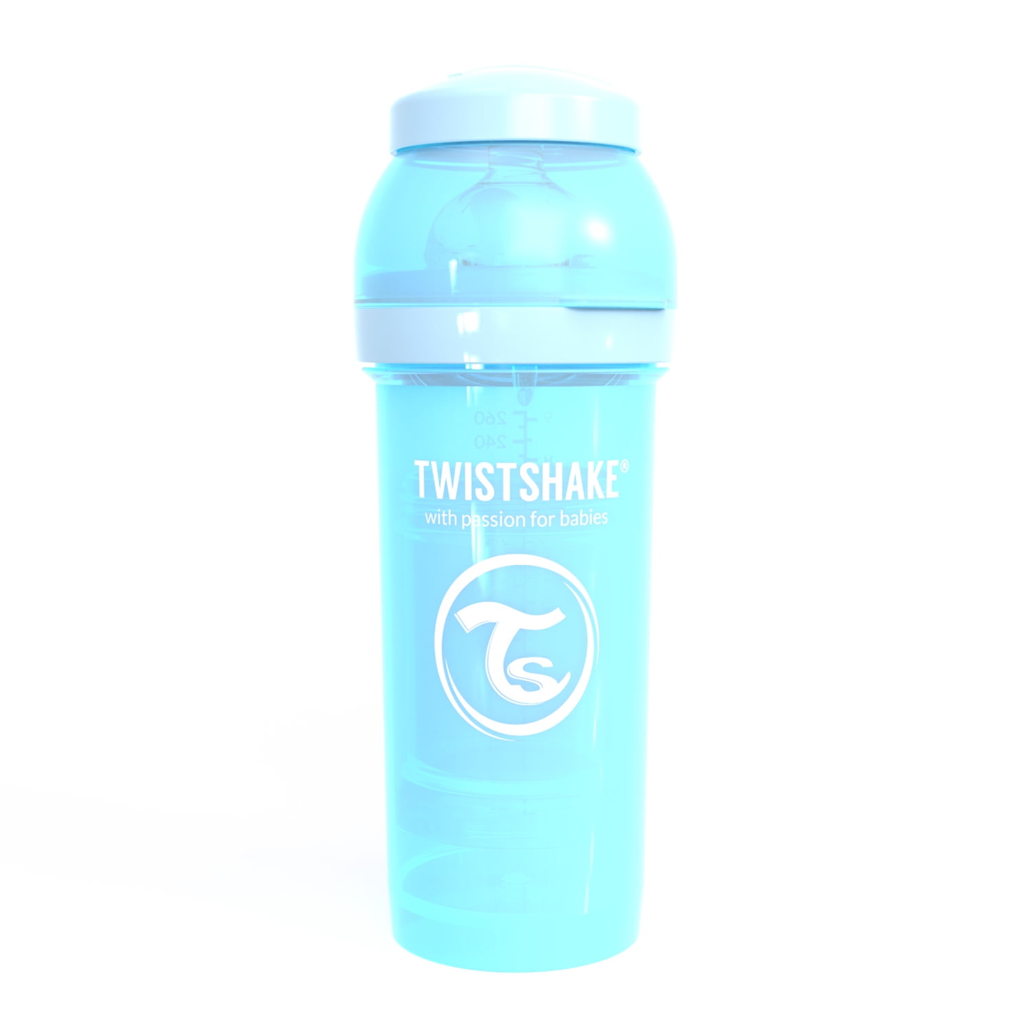 Twistshake Anti-Colic Baby Bottle with Powder Container & Mixer, 260ml (8oz), Fast Flow Breast-Like Silicone Nipple, BPA-Free Baby Milk Bottle, Pastel Blue