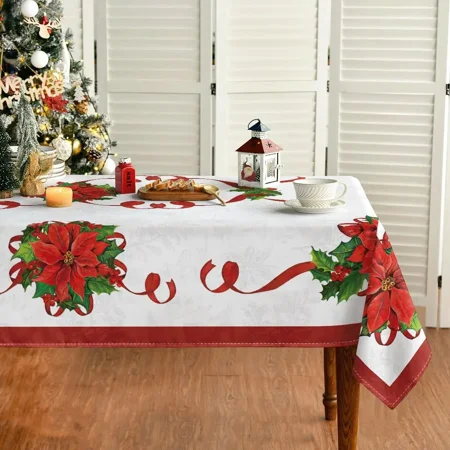 

Christmas Poinsettia Silk Ribbon Waterproof Tablecloth Holiday Party r Winter Xmas Kitchen Tablecloth Navidad rations