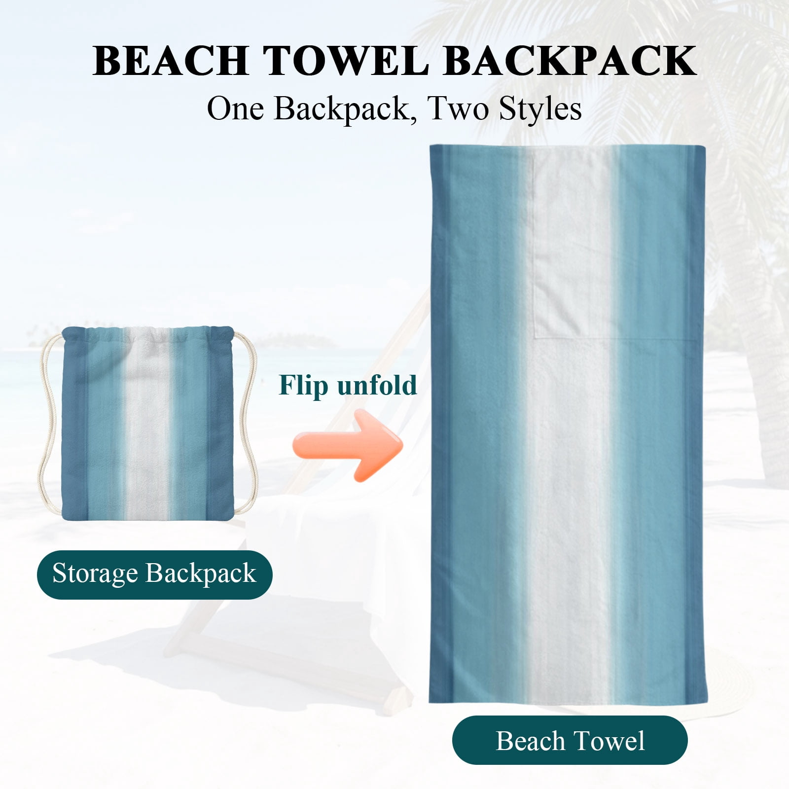 Beach Towel Bag 2 in 1 Sky Blue Stripes Bath Pool Towels Backpack Beach Ombre Vertical Striped Absorbent Beach Towel Soft Quick Dry Lightweight Towels Drawstring Bag for Travel Camping Sports Picnic