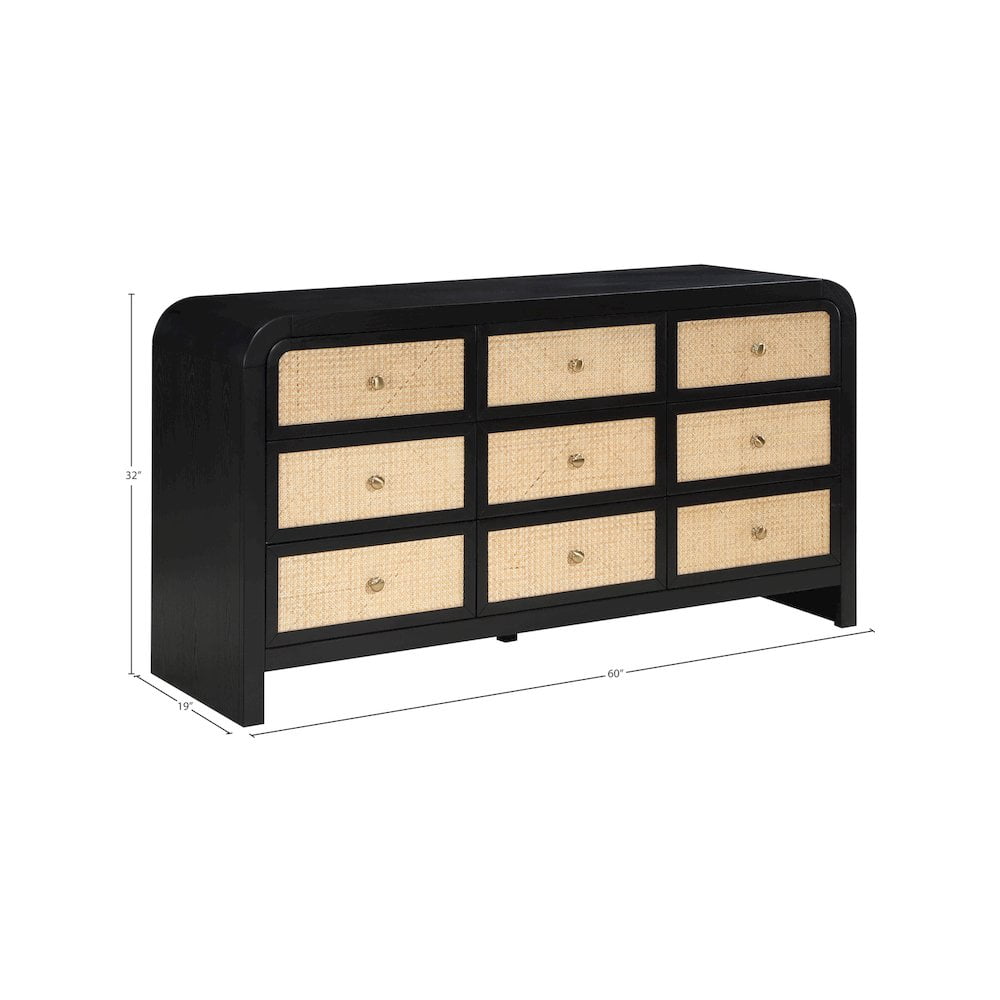 Meridian Furniture Siena Black Ash Wood and Natural Cane Dresser