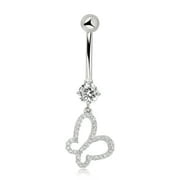 AVORA 10K White Gold Simulated Diamond CZ Dangling Open Butterfly Belly Button Ring Body Jewelry (14 Gauge)
