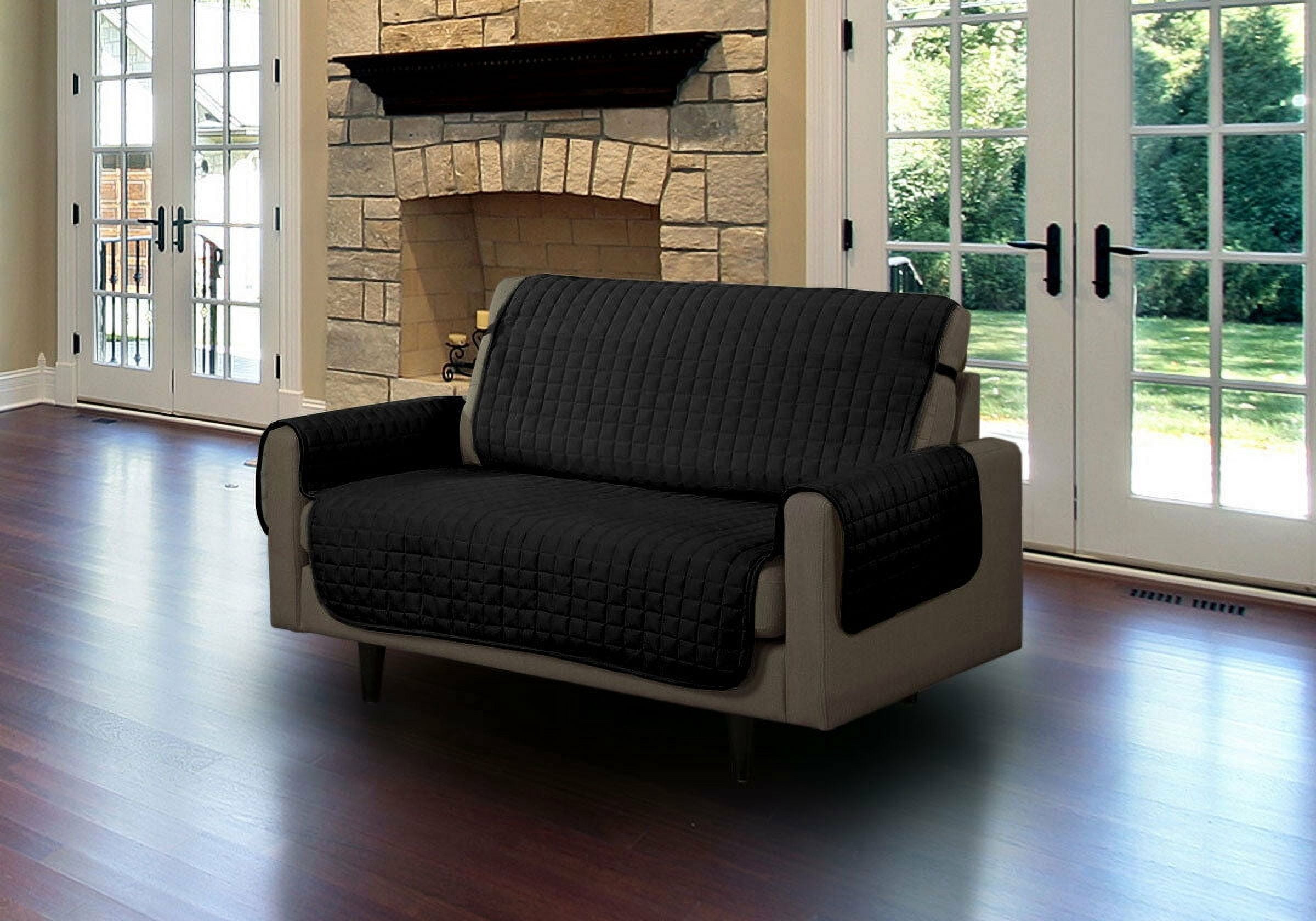 Linen Store Furniture Protector, Quilted Microfiber Machine Washable Cover with Tucks & Elastic Strap Perfect for Kids, Dogs, Pets (Black, Recliner)
