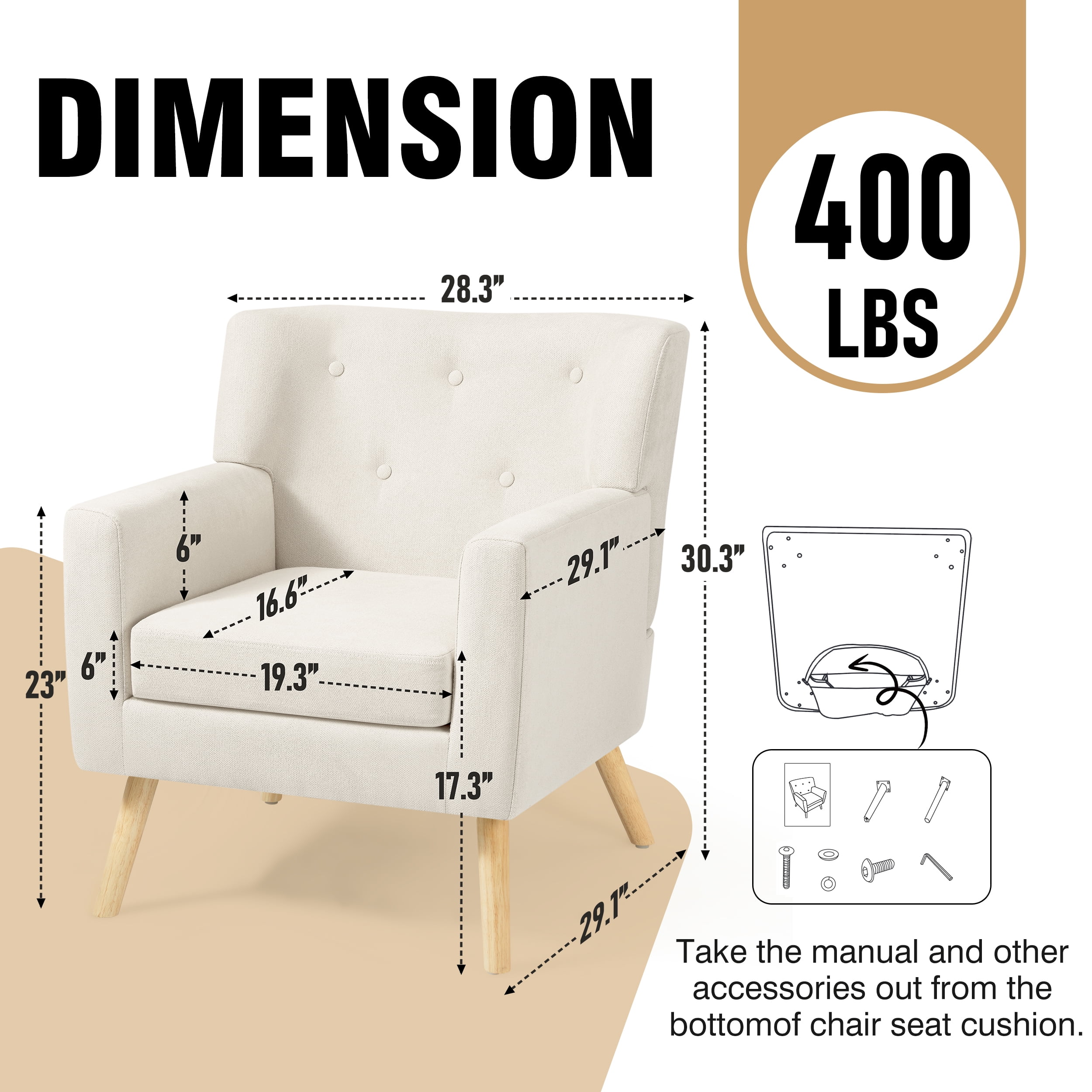 TrumanPick Mid Century Accent Chairs, Tufted Modern Living Room Armchair Single Sofa Lounge Chair for Bedroom, Beige