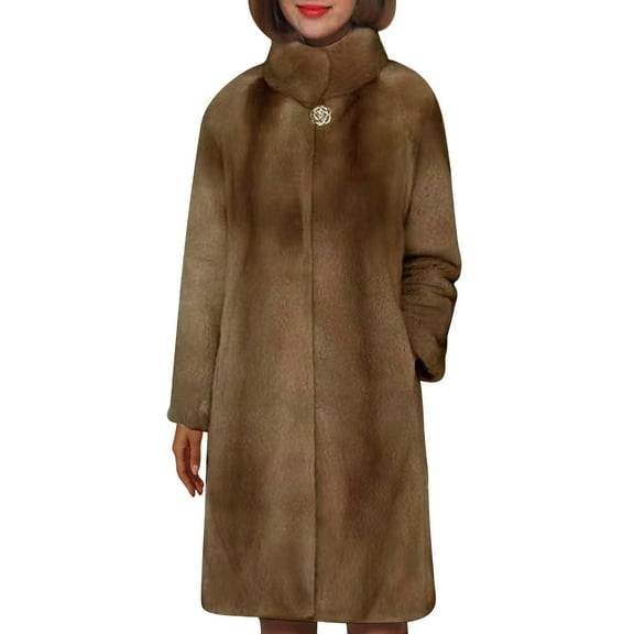 XPMWRP Women's Faux Fur Long Jacket Fashion Turtleneck Long Sleeve Fleece Coat Winter Keep Warm Loose Solid Color Jacket Brown XXXXXL