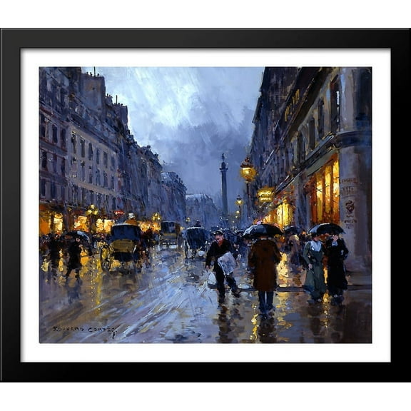 Rue de la Paix, Rain 32x28 Large Black Wood Framed Print Art by Edouard Cortes