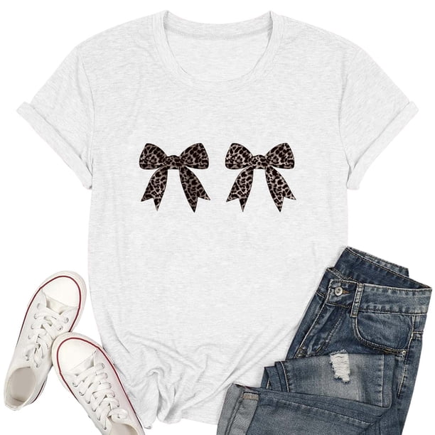 Camiseta informal de mujer con estampado de lazos: cuello redondo, manga corta, mezcla de poliéster y spandex, tallas S-XXL, para todas las estaciones