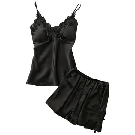 

Two Piece Womens Satin Sling Sleepwear Lingerie Lace Nightdress Underwear Set