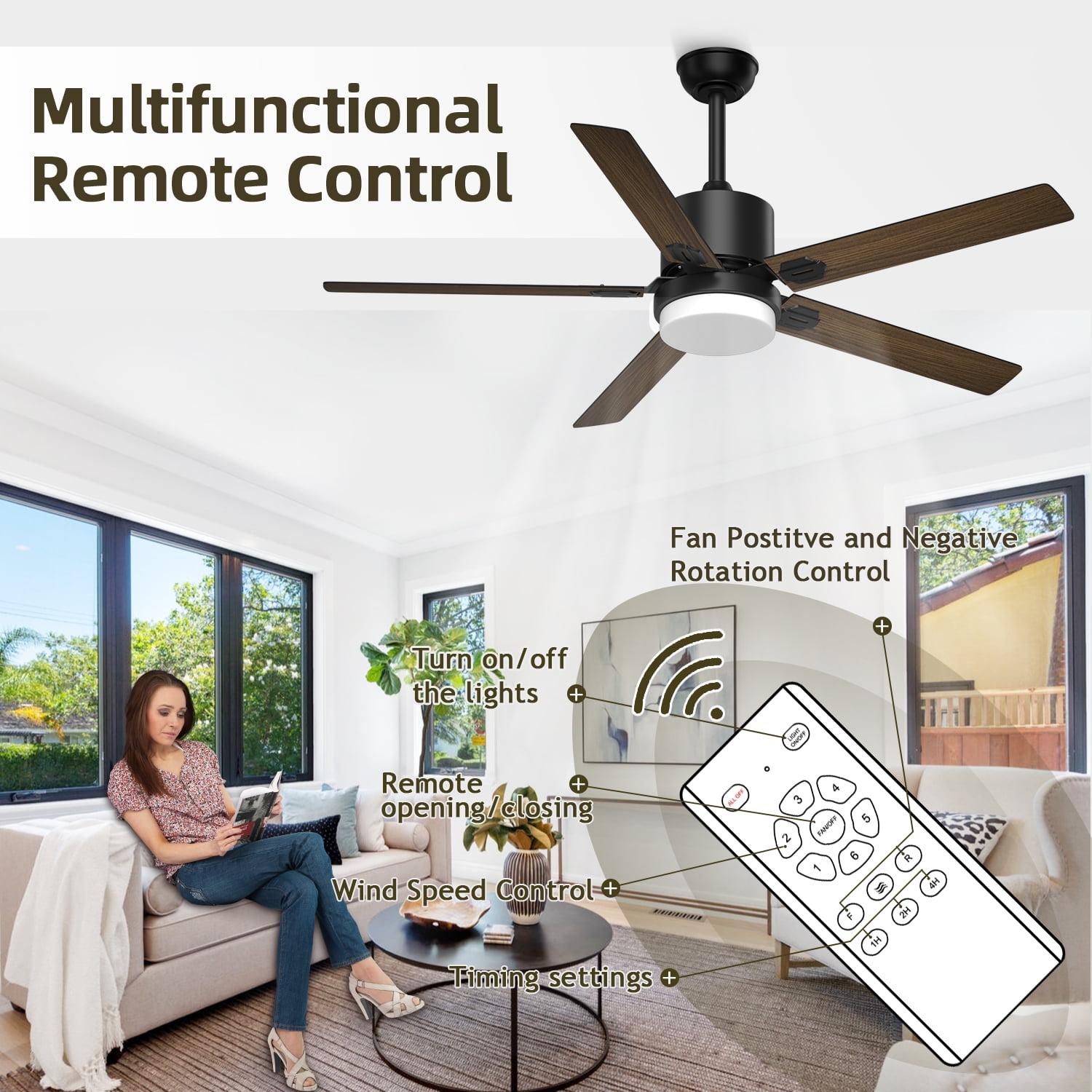 Xaujix Ceiling Fans with Lights and Remote Control, 60 inch Indoor Outdoor Ceiling Fan 6 Speed Silent Reversible Motor for Patio Farmhouse Bedroom Living Room