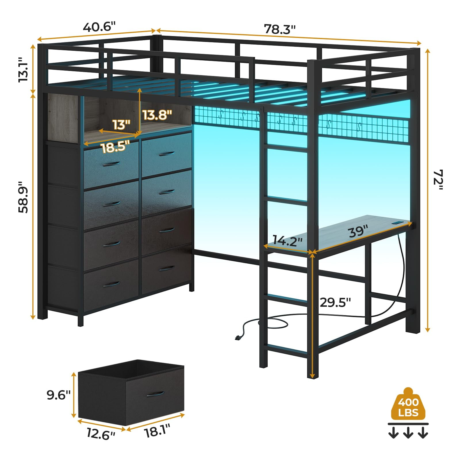 Afuhokles Twin Size Loft Bed with Desk and 8 Storage Drawers and Charging Station, Metal Loft Bed Twin with LED Lights, Storage Shelves, Gray