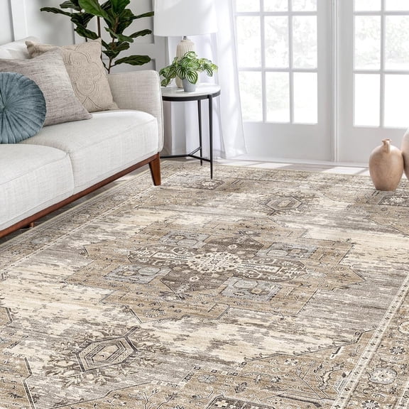 RUUGME Washable 5x7 Area Rugs - Large Rugs for Living Room Stain Resistant Carpet Vintage Rugs for Bedroom with Non Slip Backing Home Decor Floor Decoration Mat (5x7 Beige)