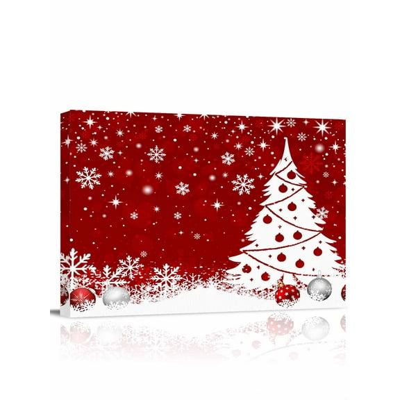 Christmas Tree Red Canvas Print Wall Art Winter Pine Tree Xmas Balls Snowflakes Star Pictures Painting Morden Artwork for Living Room Bedroom, Ready to Hang - 12"x16"