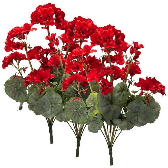 OakRidge Silk Geranium Bush – Artificial Flowers Outdoor Décor – Red, 19” Long, Set of 3