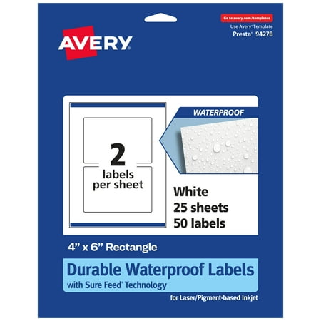 Avery Durable Waterproof Rectangle Labels with Sure Feed, 4" x 6", 50 Oil and Tear-Resistant Waterproof Labels, Print-to-the-Edge, Laser/Pigment-Based Inkjet Printable Labels