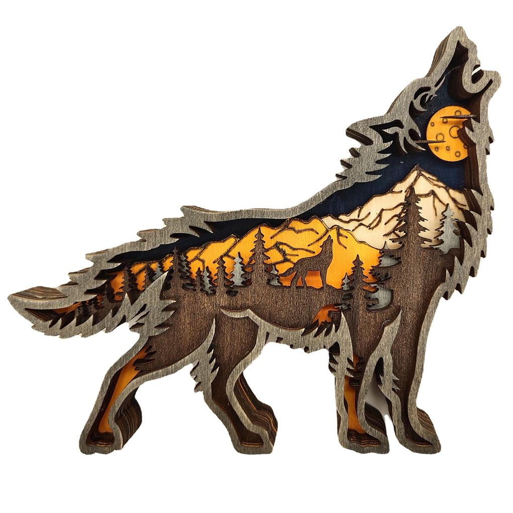Wooden Wolf Totem Hollow Wolf Shape Art Sculpture Christmas Household Carved Wolf Decoration for