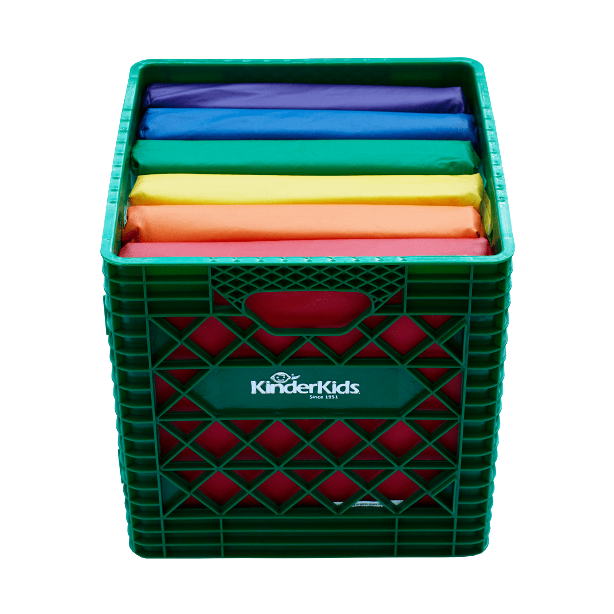 KinderMat, Kindercrate, Green, 6 Pack of 13.5" Kindercushions & Sturdy Storage Container, 2" Thick Squares Story Time Cushions, Alternative Seating, Yellow Blue Green Red Purple Orange