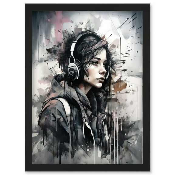 Teenager Girl in Black Hoodie Listening to Music through Headphones Modern Watercolour Painting Artwork Framed Wall Art Print A4