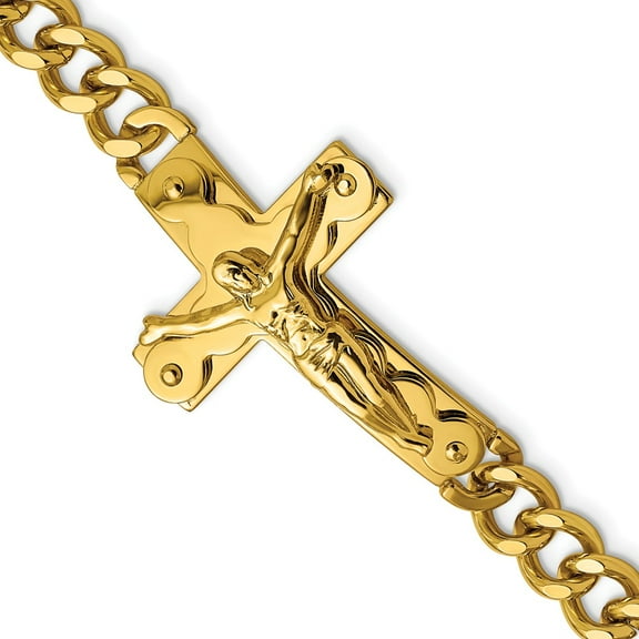 Primal Steel Stainless Steel Polished Yellow IP-plated Crucifix 8.25 Inch Bracelet
