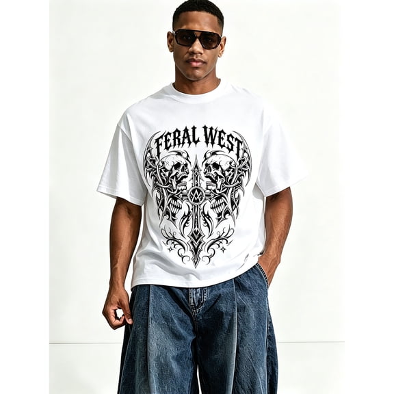 Men's Oversized White T-Shirt with "FERAL WEST" Graphic Goth Streetwear Tee Top