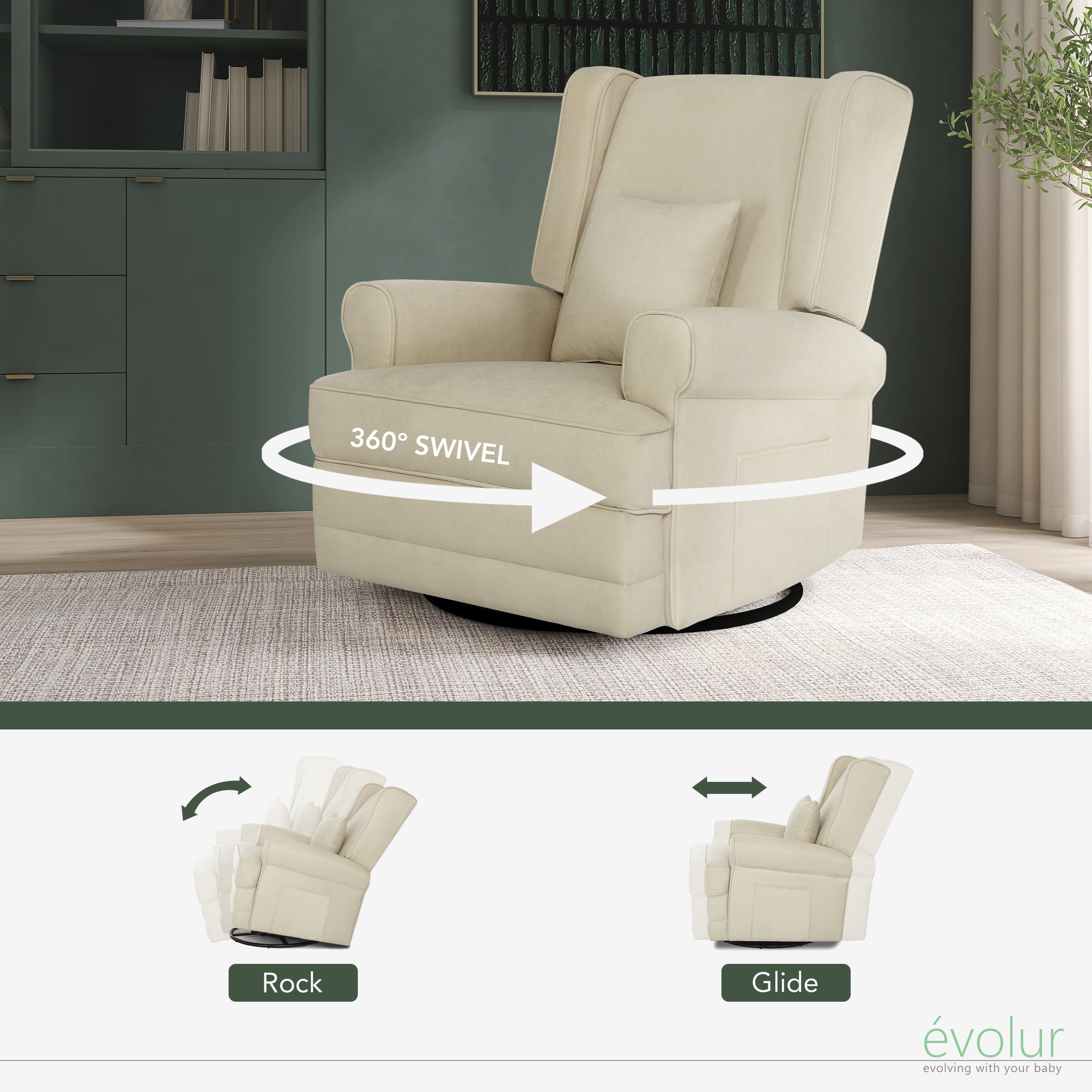 Evolur Melbourne Wing Back Swivel Glider I Nursery Glider I Durable Soft Fabric I Bonus Pillow In Shell