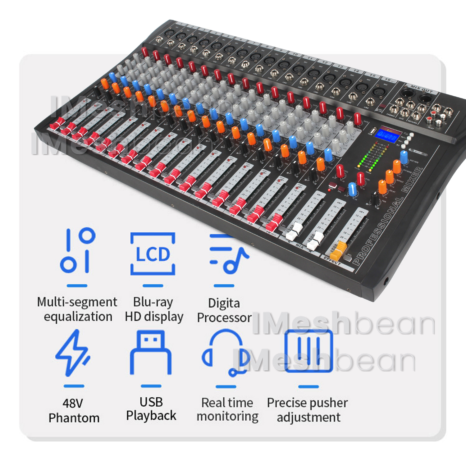 iMeshbean Professional Audio Mixer Sound Board Console, 16 Channel Studio Audio Mixer, USB Live Studio Audio Mixing Power Mixing Amplifier Studio Audio DJ KTV Mixing Console USB Slot