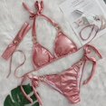thumbnail image 2 of JIANJIA Swim Suits for Women Summer Gradient Print Lace Up Halter Sexy Sparkly Brassiere With Thongs Split Beach Hair Band Three Piece Bikinis Swimwears Activewear,Orange,S, 2 of 3