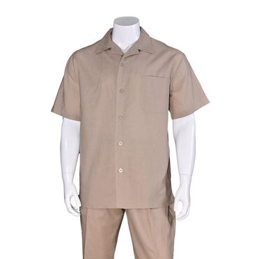 Men's Casual Cream Short Sleeve Plain Two Pieces Casual Two Piece Walking Outfit For Sale Pant Sets Suits with Matching Pleated Pants