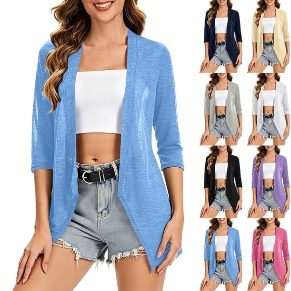 Women Cardigan 3/4 Sleeves Open Front Lightweight Cardigan Summer Beach Casual Cardigan White
