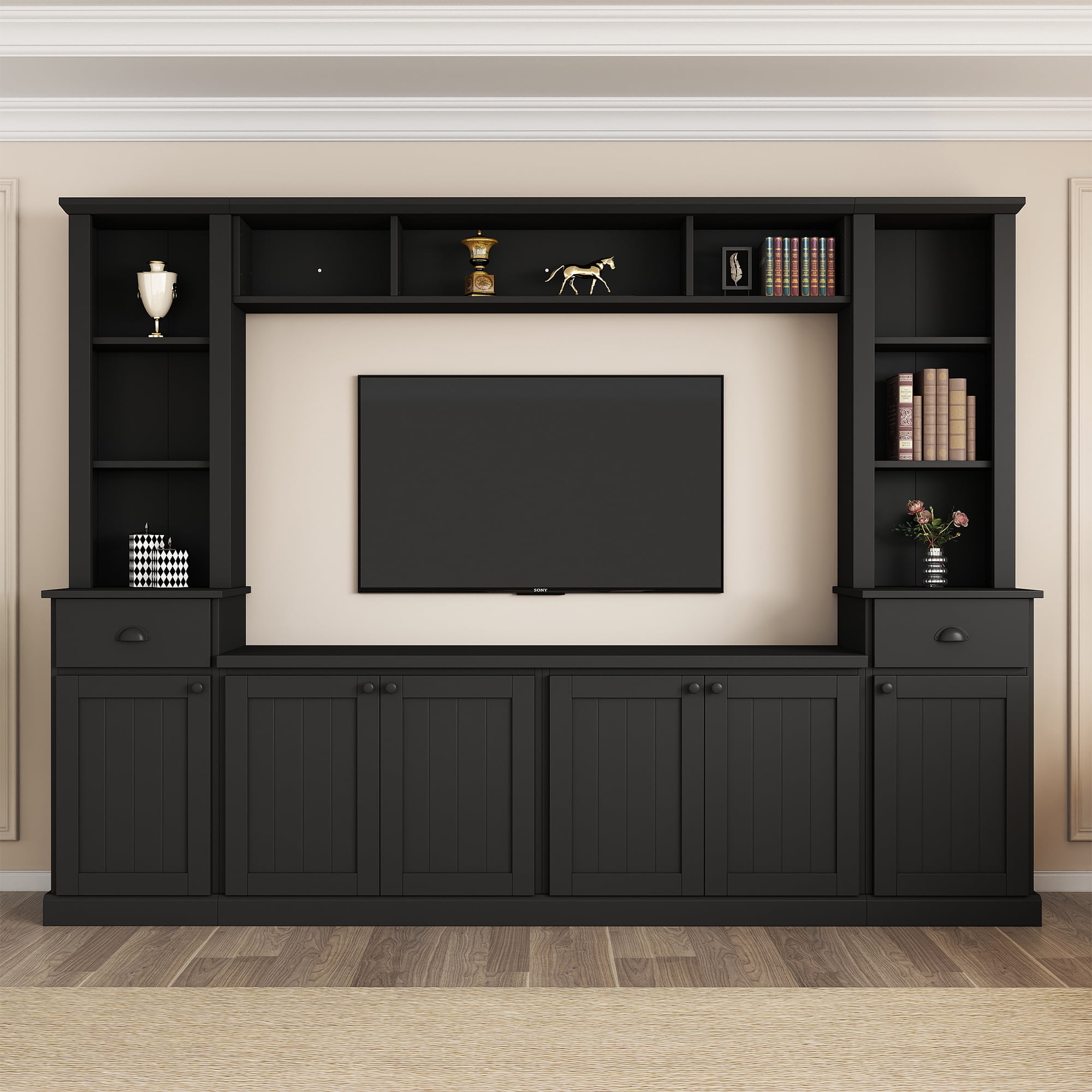 Euroco Minimalist Entertainment Wall Unit Set with Bridge for TVs Up to 75'', Ample Storage Space TV Stand with Adjustable Shelves, Modernist Large Media Console for Living Room