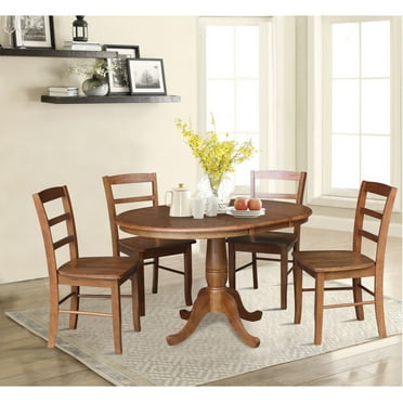 36" Round Solid Wood Extension Dining Table with Leaf and 4 Madrid Ladder Back Chairs in Distressed Oak by International Concepts