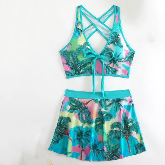 Wancir Women Two Piece Swimsuit Tummy Control Bathing Suits Swimsuit with Skirt Front Lace Up High Waisted Bikini Sets