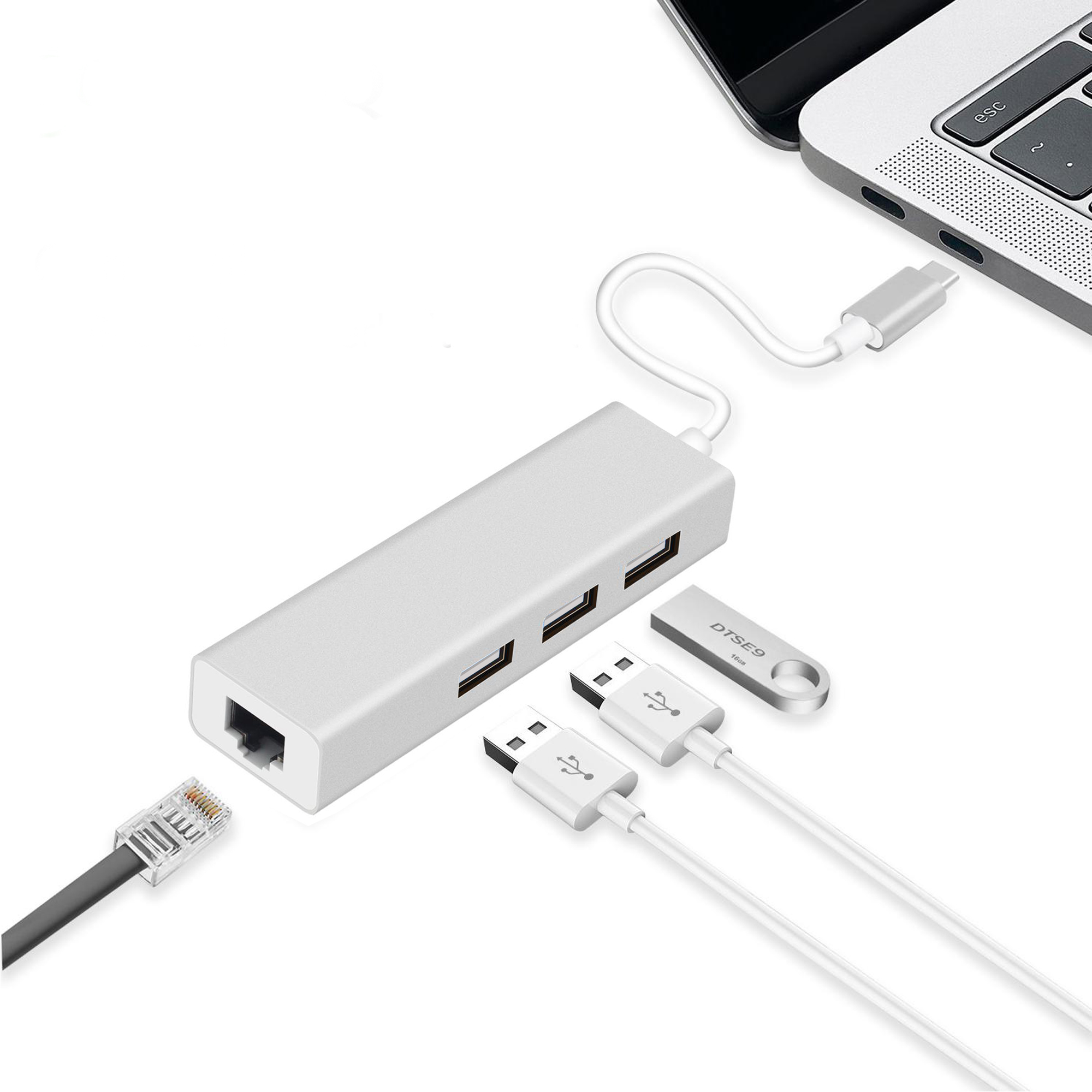 USB C to Adapter with Type C USB 2.0 HUB 3 Ports RJ45 Network