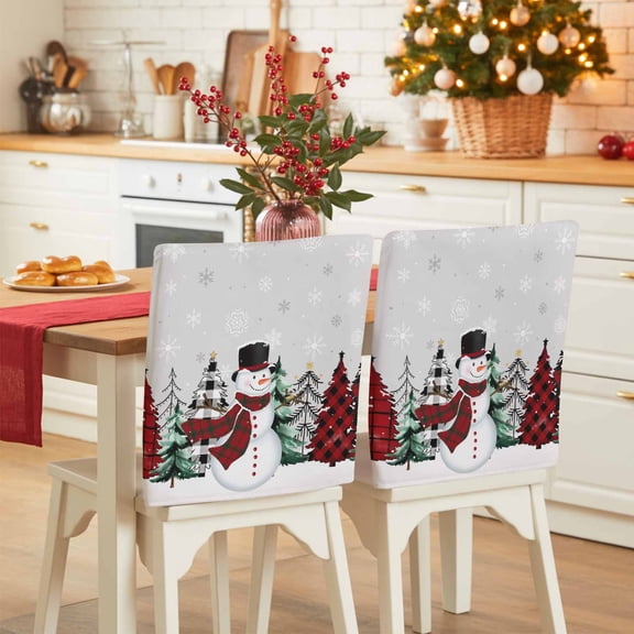 Merry Christmas Chair Covers Set of 8 Christmas Snowman Tree Red Plaids Snowflakes Chair Back Covers Stretch Removable Washable Slipcovers Protector for Dining Room Kitchen Party Decor