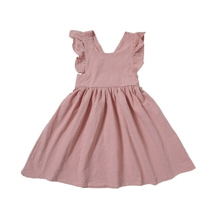 

Kids Girls Toddler Soild Cotton Linen Ruffle Halter Boeknot Sleeveless Princess Dresses