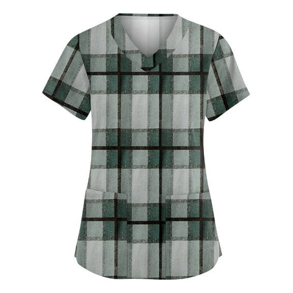 Scrubs For Women Plaid Print Short Sleeve Medical Scrub Top V Neck Vintage Comfort Fit Nursing Work Shirt Green#2 L
