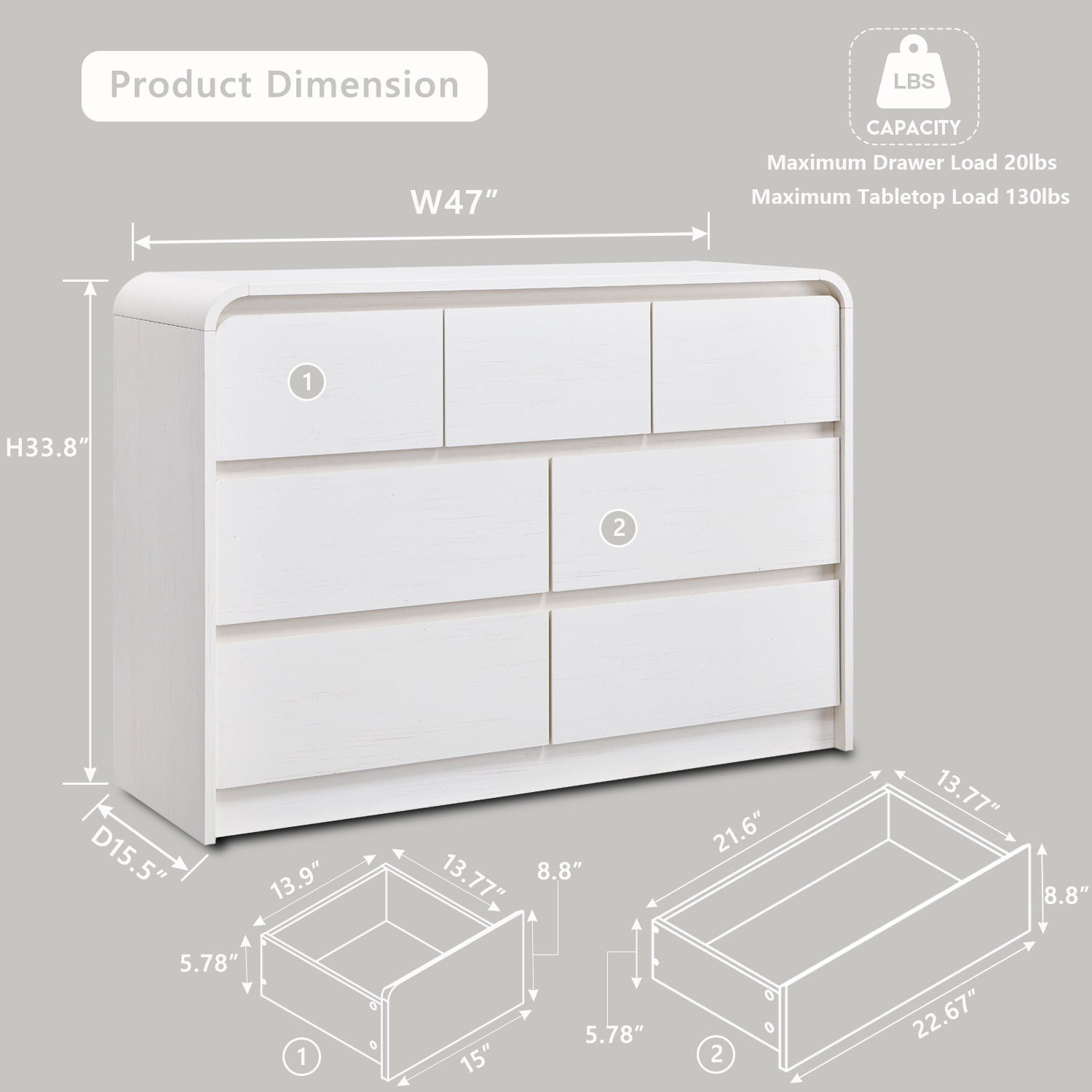 wow97e Modern 7 Drawers Dresser for Bedroom, Mid Century Chests of Drawers w/Curved Profile Design, 47" Wide