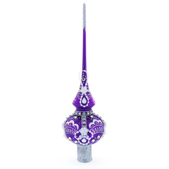 Dimensional White Roses on Purple Glass Christmas Tree Topper 11 Inches