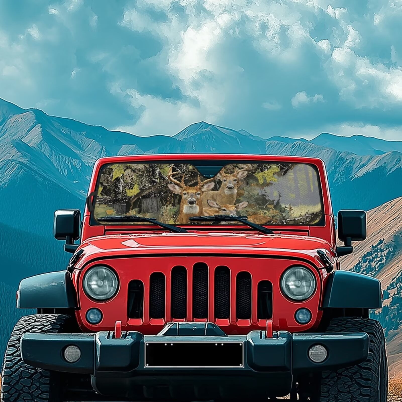 Uorisanigo Windshield Sun Shade, Camo Deer Hunter Car Sunshade Compatible with Jeep Wrangler Rubicon Sahara TJ JK JKU 2 Door & 4 Door, UV Rays Blocker Sun Visor Shade Keep Vehicle Cool