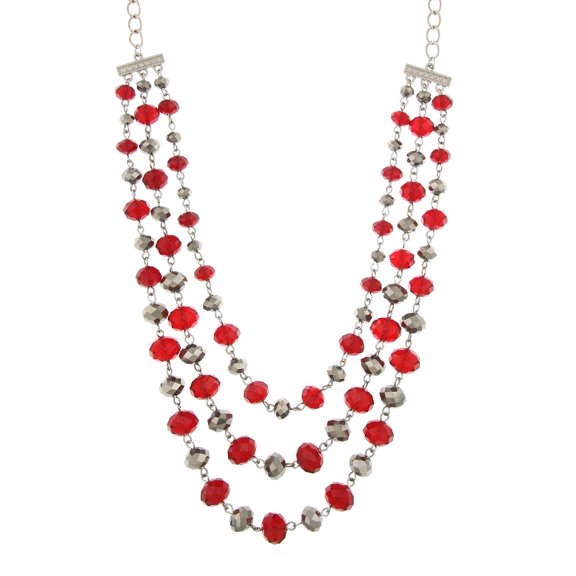 2028 Jewelry Siam Red And Hematite Color Beaded 3-Strand Necklace 18