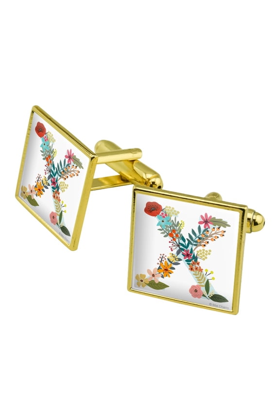 Letter X Floral Monogram Initial Square Cufflink Set - Silver or Gold