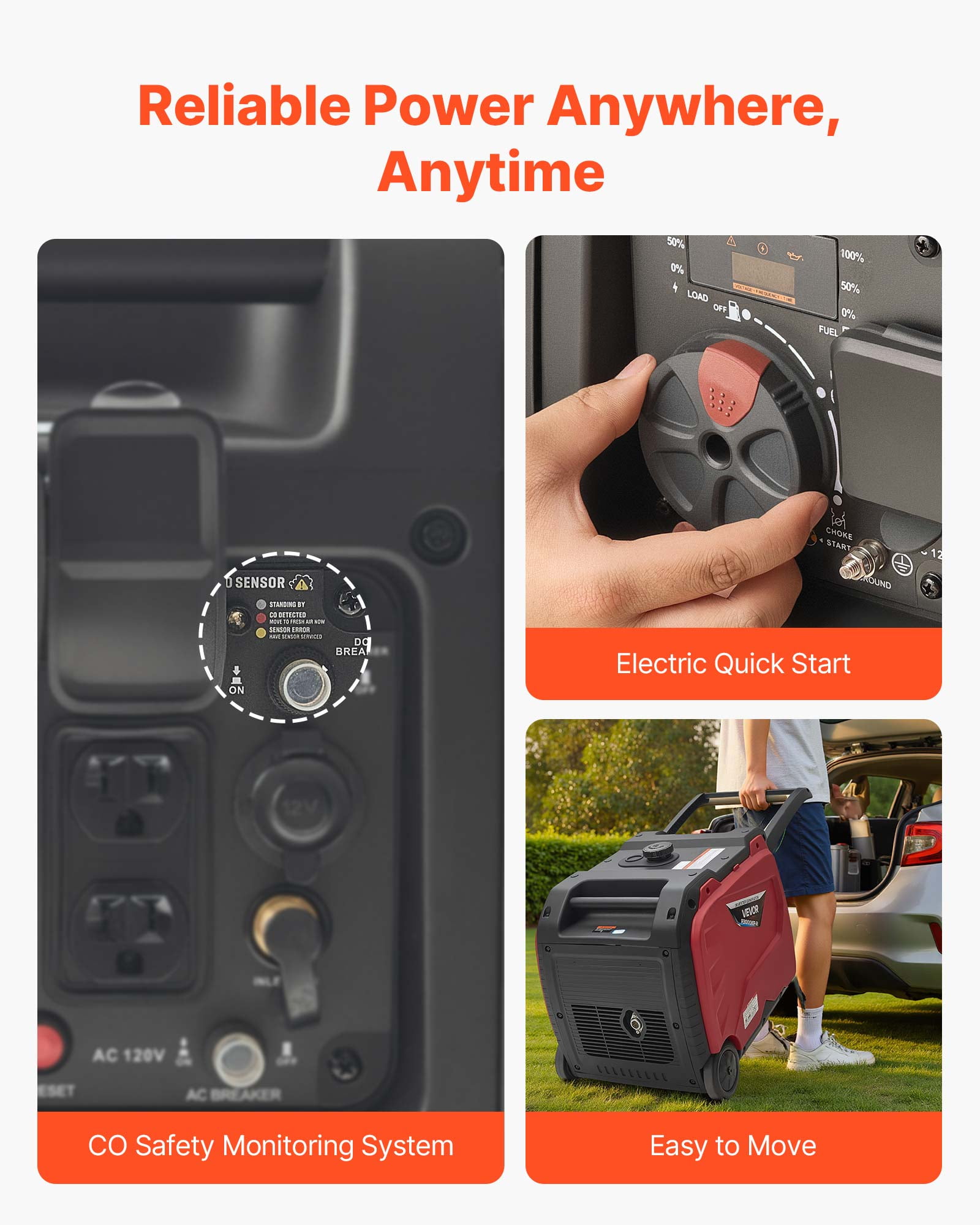 VEVOR Inverter Generator, 4200W Peak Watt Quiet Inverter Generator, Dual Fuel Inverters Generators for Home Outdoor, Gas & LPG Powered, Stable Power, CO Sensor, RV Ready 8.3A Outlet, Long Run Time