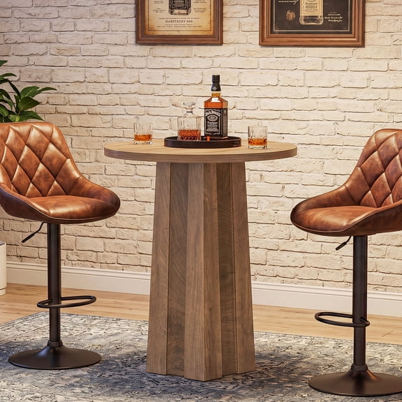 Finmind Round Bar Table, 35.5 inch Farmhouse High Top Pub Table with Fluted Pedestal Base for Kitchen, Dining Room, Small Space, Brown