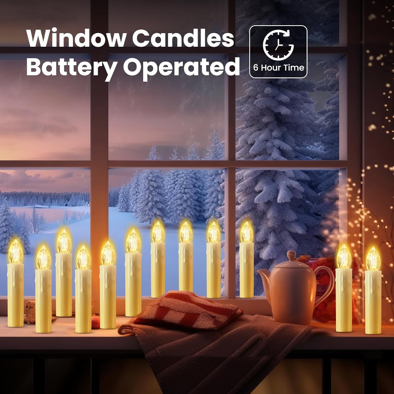 Flameless Christmas Trees Candles, Cimetech 12PCS LED Flickering Lights Battery Operated Candlesticks with Remote Timer/Clips, Warm White Window Taper Candle for Home Wedding Easter Festival Decor
