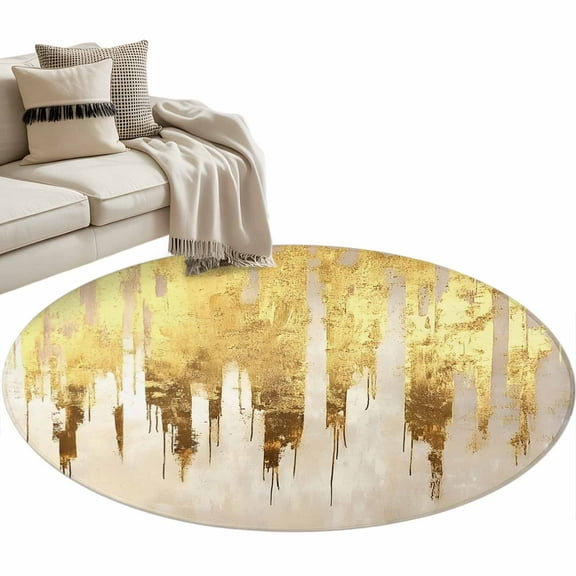 Abstract Gold Round Area Rug 3 FT, Small Kitchen Bathroom Mat, Modern Brush Luxury Strokes Artwork Washable Indoor Outdoor Throw Runner Carpet Non-Shedding Doormat for Table Shower Sofa Entryway