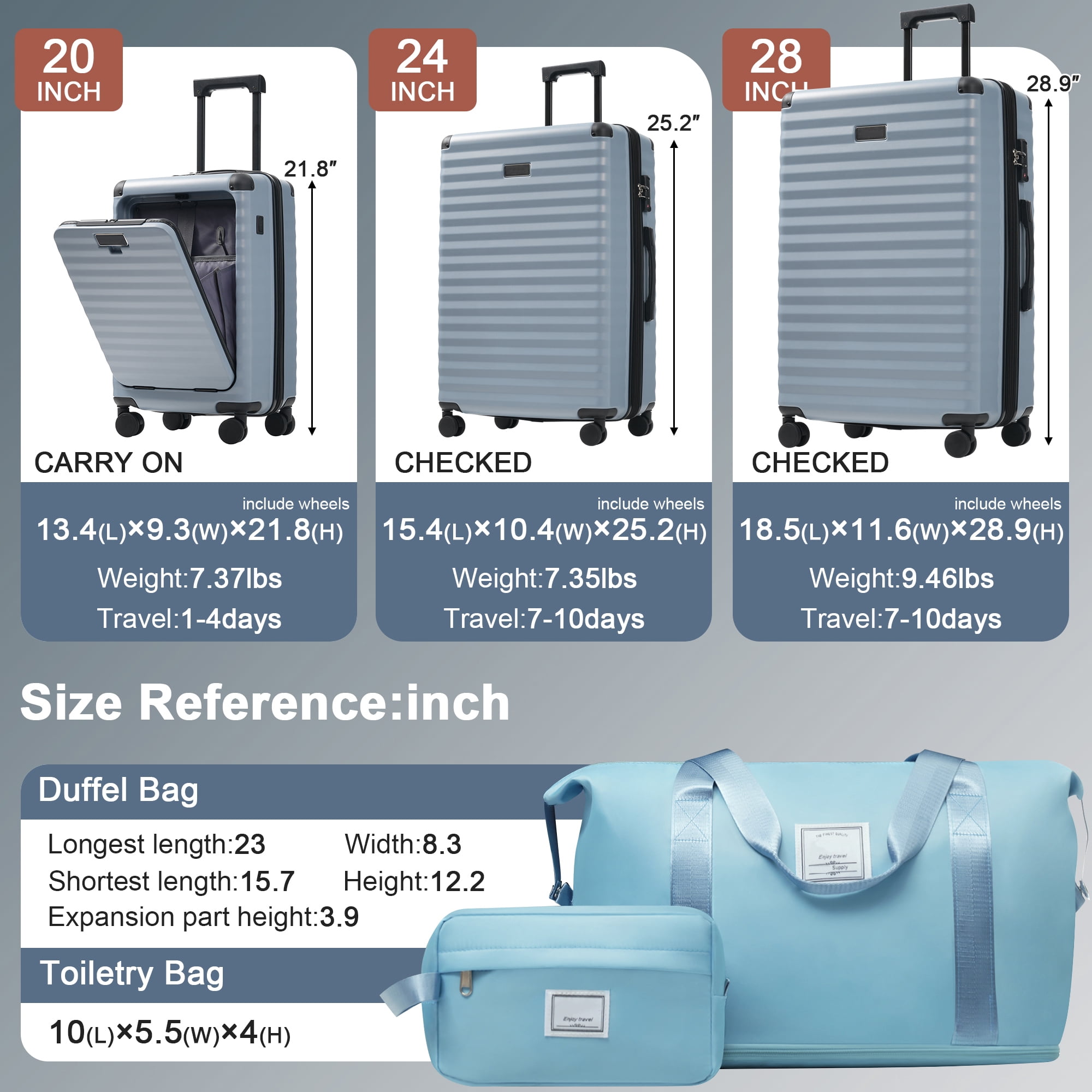 Luggage Sets 5 Piece with Front Opening , Hardside Expandable Carry on Suitcase with Spinner Wheels TSA Lock USB Port Cup Holder Duffel Bag and Toiletry Bag