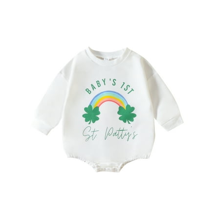 

My 1st St Patricks Day Newborn Infant Girl Boy Rompers Four Leaf Clover Letter Print Long Sleeve Sweatshirt Jumpsuit