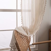Linen Curtain for Bedroom Living Room, Rod Pocket Rustic Farmhouse Bohemian Tassels Window Treatment, 1 Panel